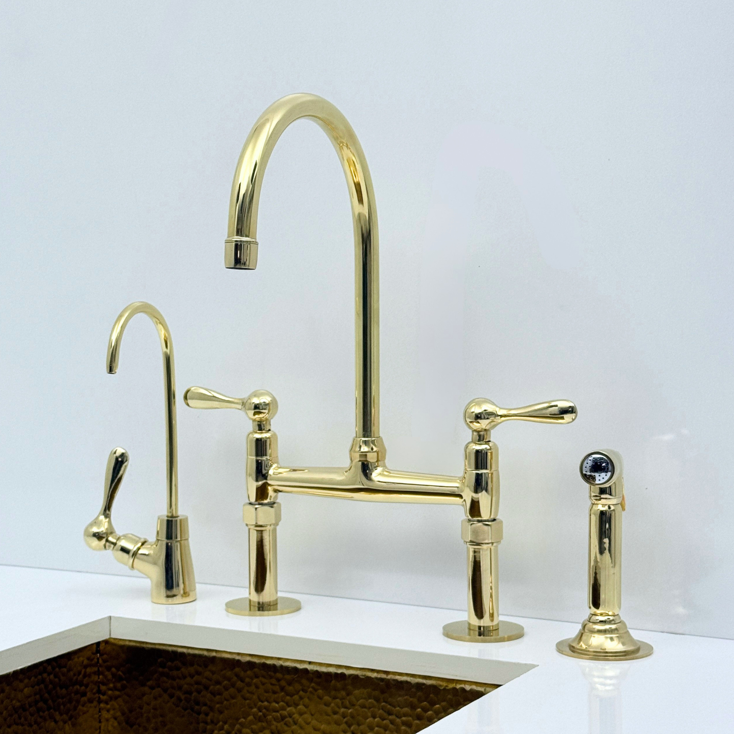 Unlacquered Brass Bridge Kitchen Faucet with Sprayer and Drinking Water Faucet