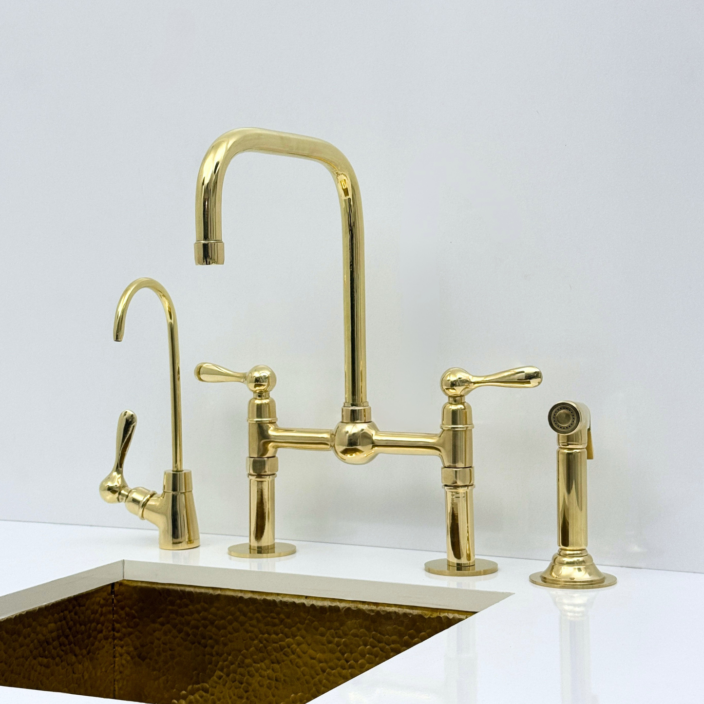 Unlacquered Brass Bridge Kitchen Faucet with Sprayer and Drinking Water Tap - UBLBF018