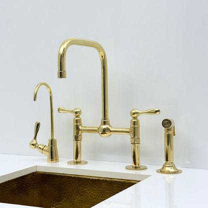 Unlacquered Brass Bridge Kitchen Faucet with Sprayer and Drinking Water Tap - UBLBF018