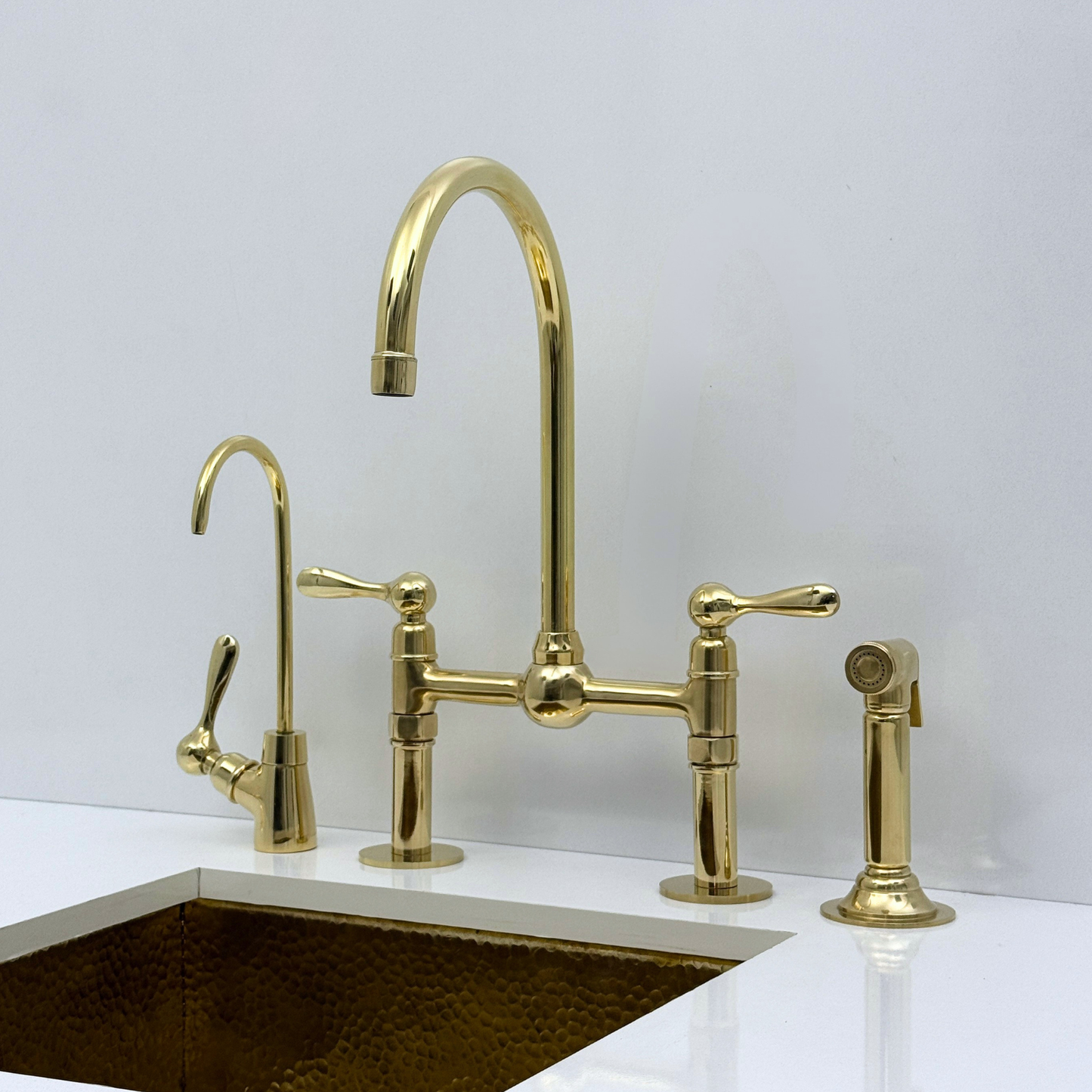 Unlacquered Brass Bridge Kitchen Faucet with Sprayer and Drinking Water Tap - UBLBF013