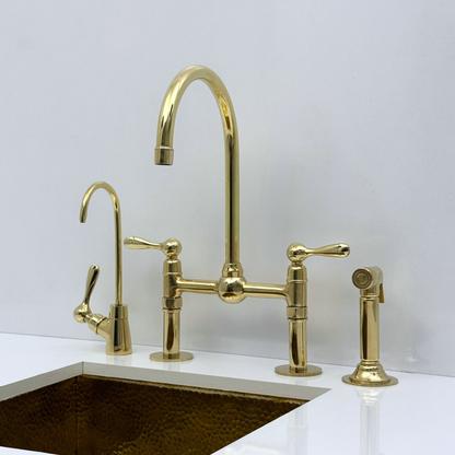 Unlacquered Brass Bridge Kitchen Faucet with Sprayer and Drinking Water Tap - UBLBF013