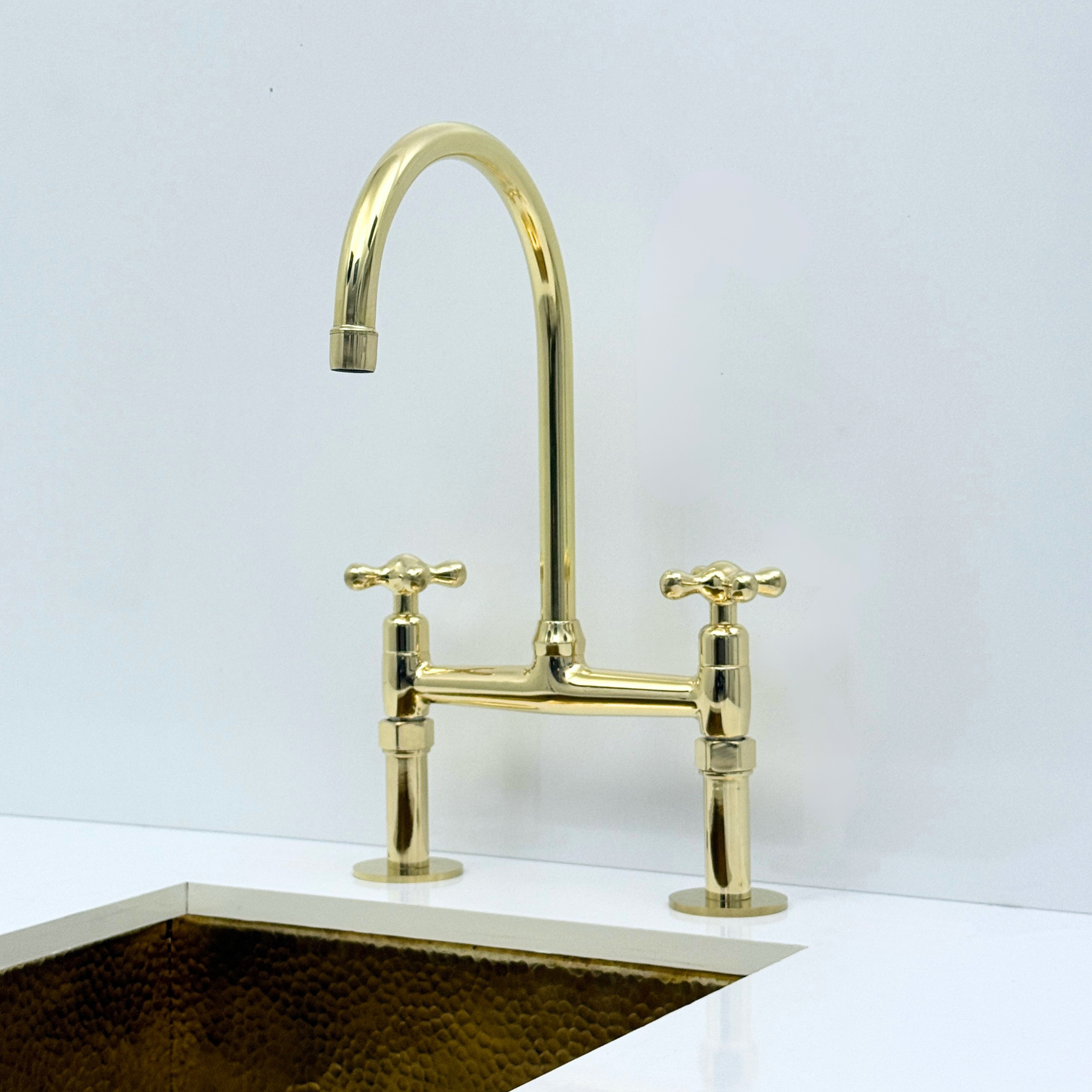 Unlacquered Brass Bridge Kitchen Faucet with Sprayer and Drinking Water Tap