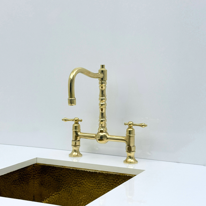 Unlacquered Brass Bridge Kitchen Faucet with Sprayer and Drinking Water Tap - UBLBF012