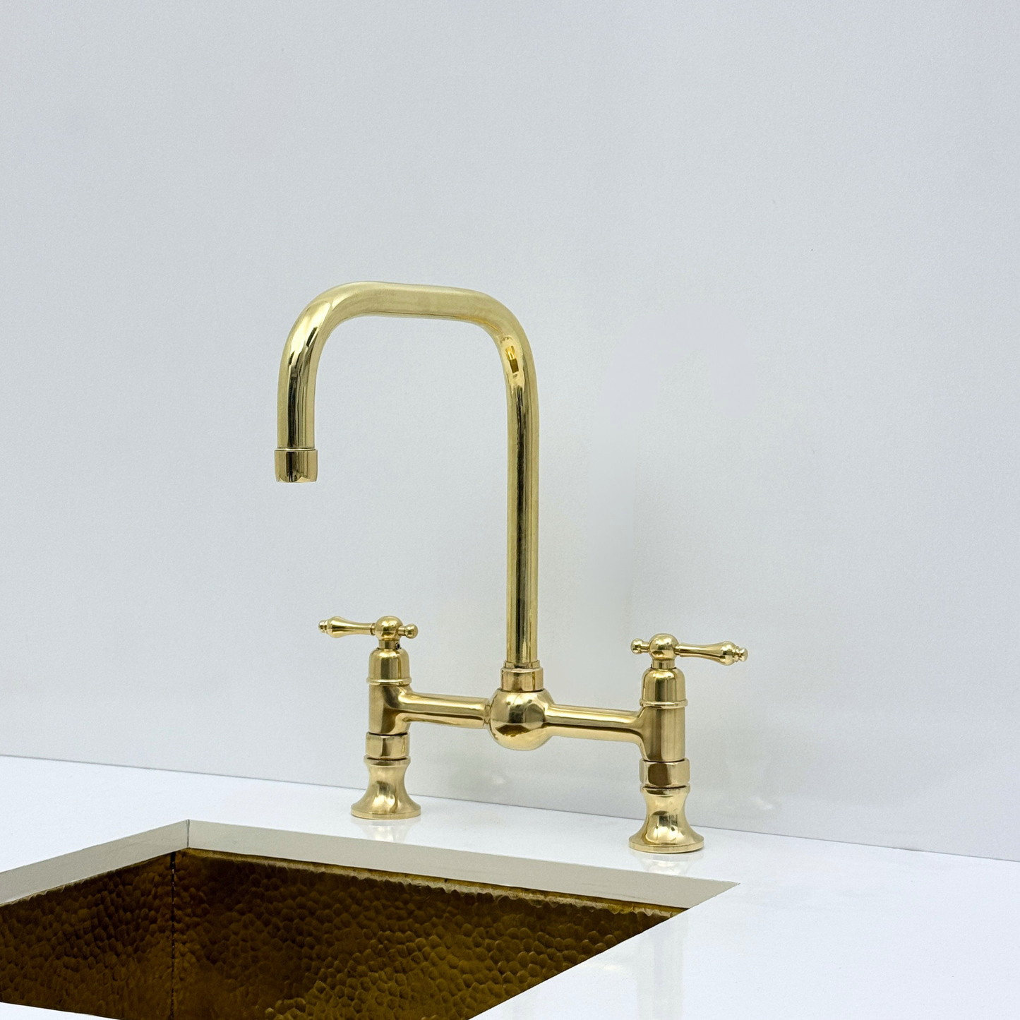 Unlacquered Brass Bridge Kitchen Faucet with Sprayer and Drinking Water Tap - UBLBF017