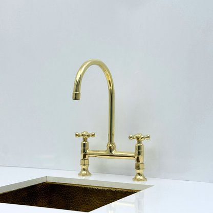 Unlacquered Brass Bridge Kitchen Faucet with Sprayer and Drinking Water Tap - UBCBF014
