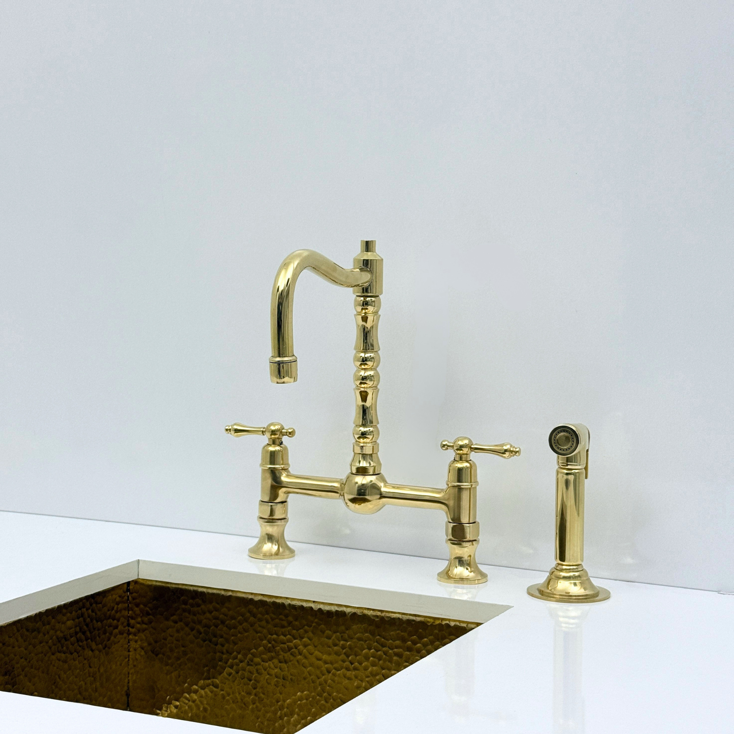 Unlacquered Brass Bridge Kitchen Faucet with Sprayer and Drinking Water Tap - UBLBF012