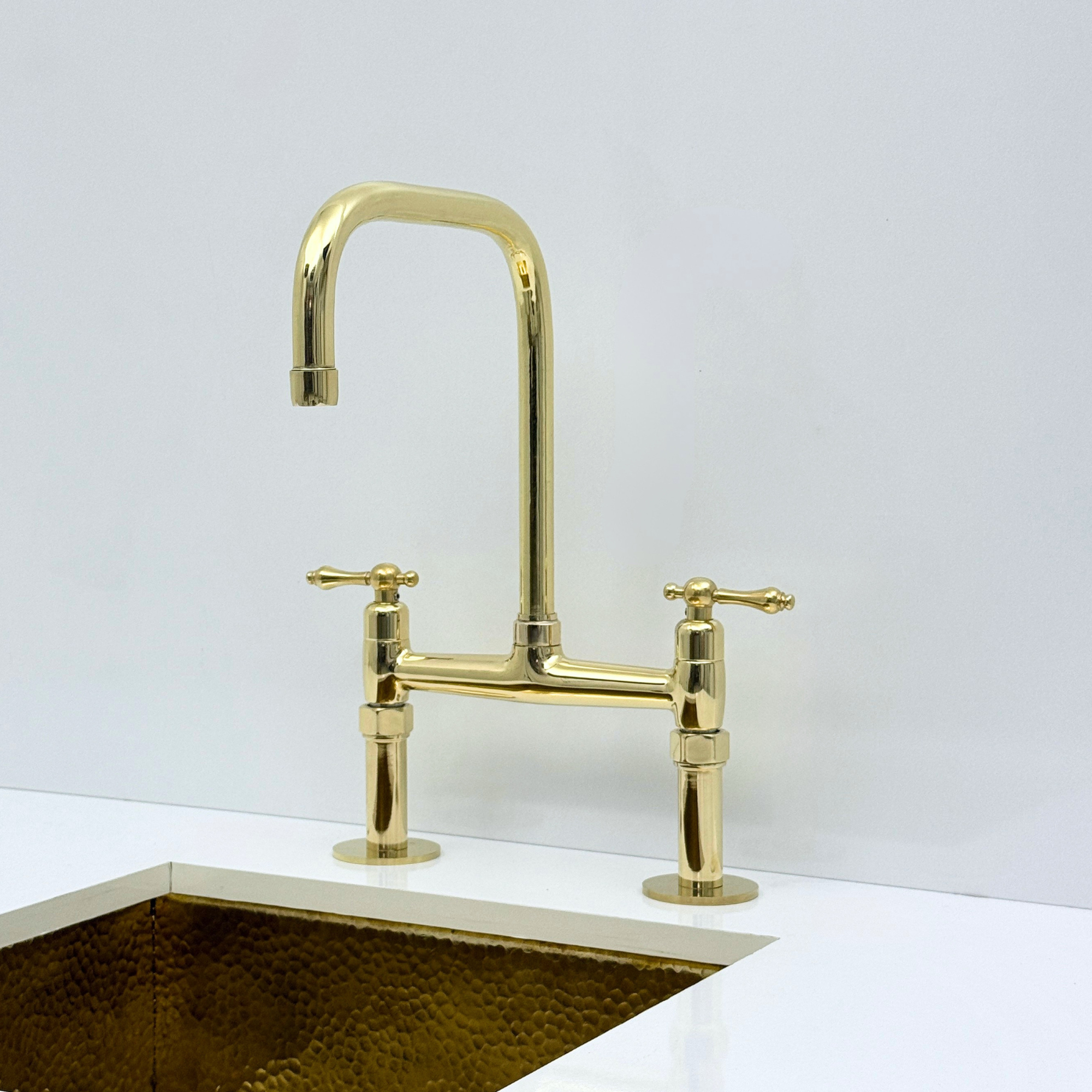 Unlacquered Brass Bridge Kitchen Faucet with Sprayer, Drinking Water Faucet