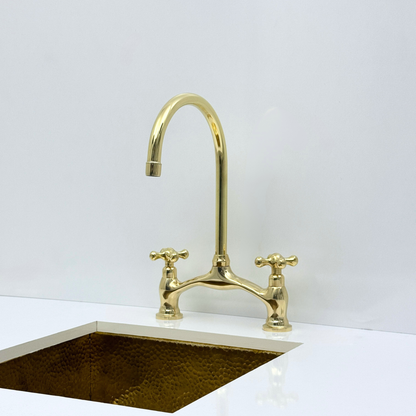 Unlacquered Brass Bridge Kitchen Faucet with Sprayer and Drinking Water Tap - UBCBF020