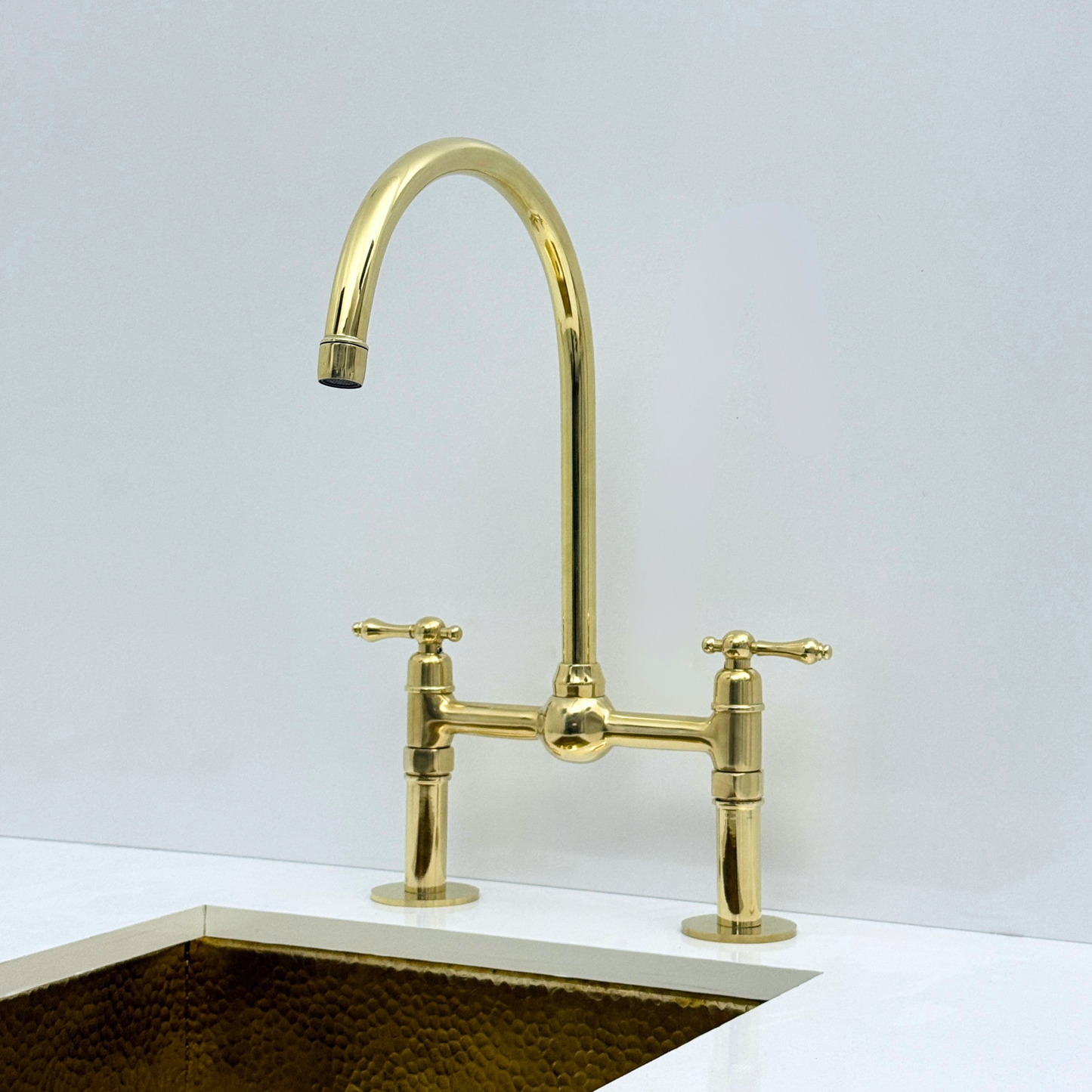 Unlacquered Brass Bridge Kitchen Faucet with Sprayer and Drinking Water Tap - UBLBF008