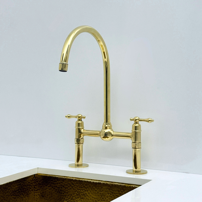 Unlacquered Brass Bridge Kitchen Faucet with Sprayer and Drinking Water Tap - UBLBF008