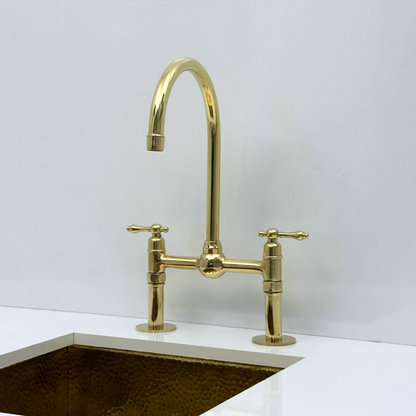 Unlacquered Brass Bridge Kitchen Faucet with Sprayer and Drinking Water Tap - UBLBF013