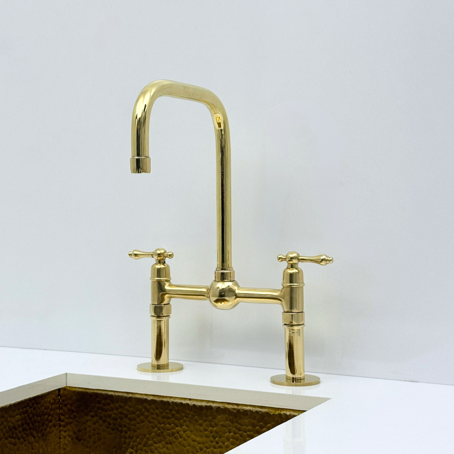 Unlacquered Brass Bridge Kitchen Faucet with Sprayer and Drinking Water Tap - UBLBF018