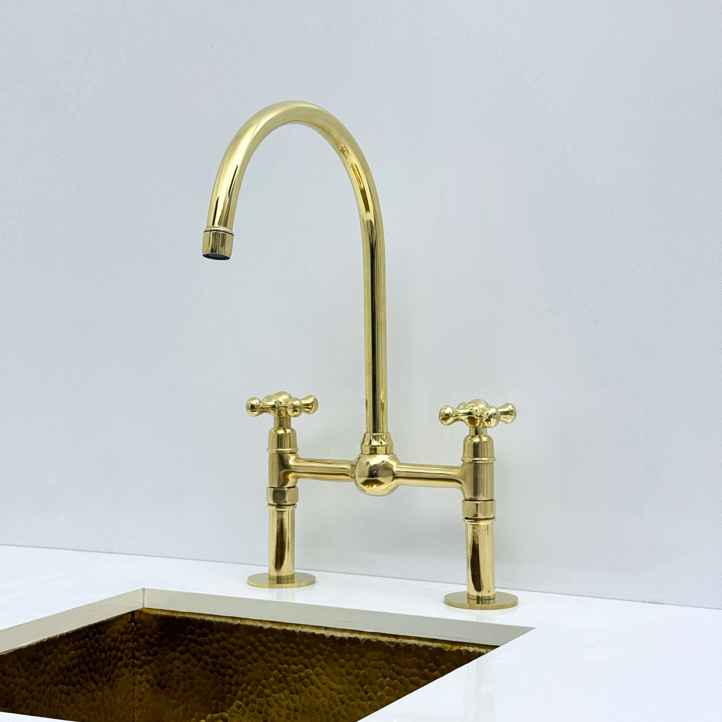 Unlacquered Brass Bridge Kitchen Faucet with Sprayer and Drinking Water Tap - UBCBF008