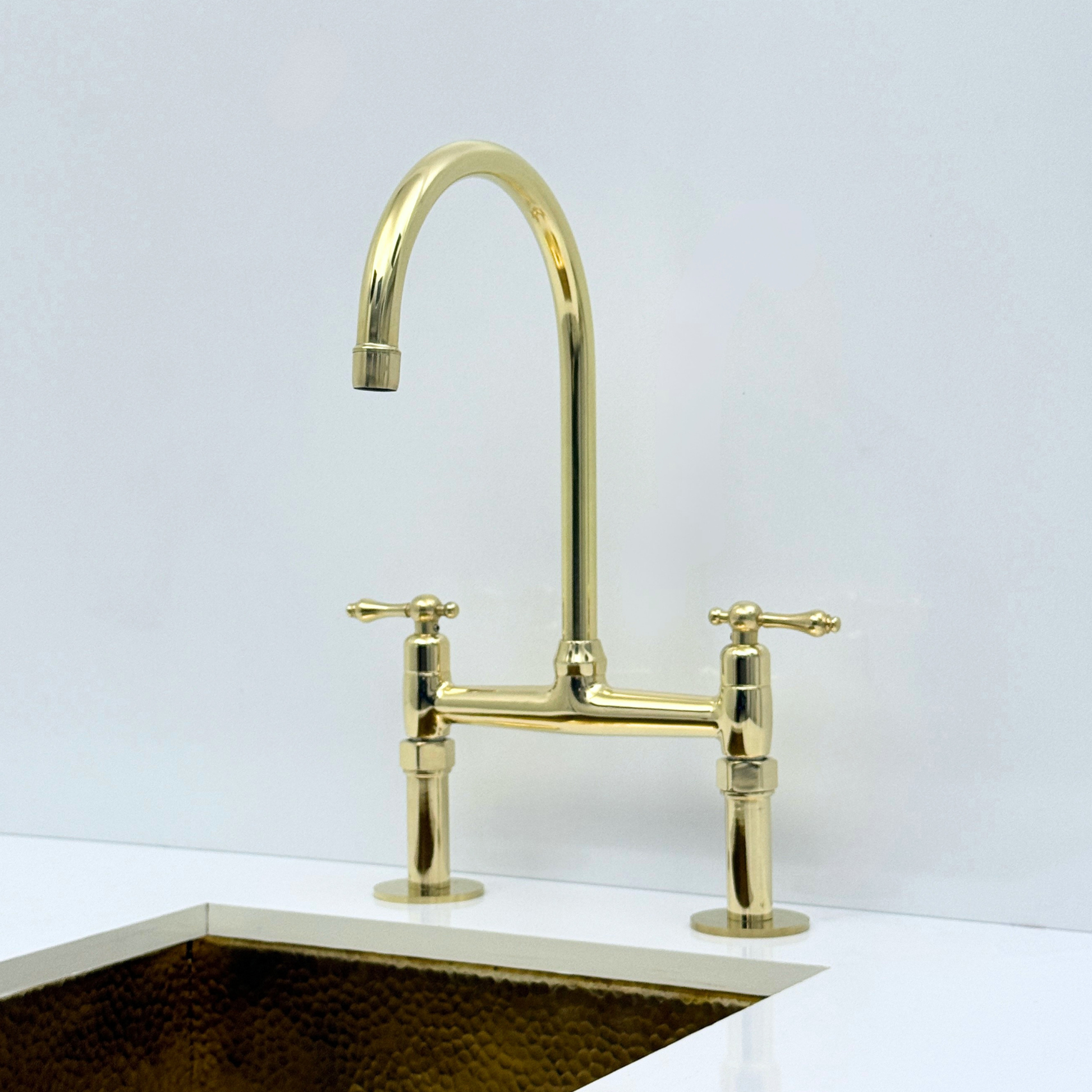 Unlacquered Brass Bridge Kitchen Faucet with Sprayer and Drinking Water Faucet