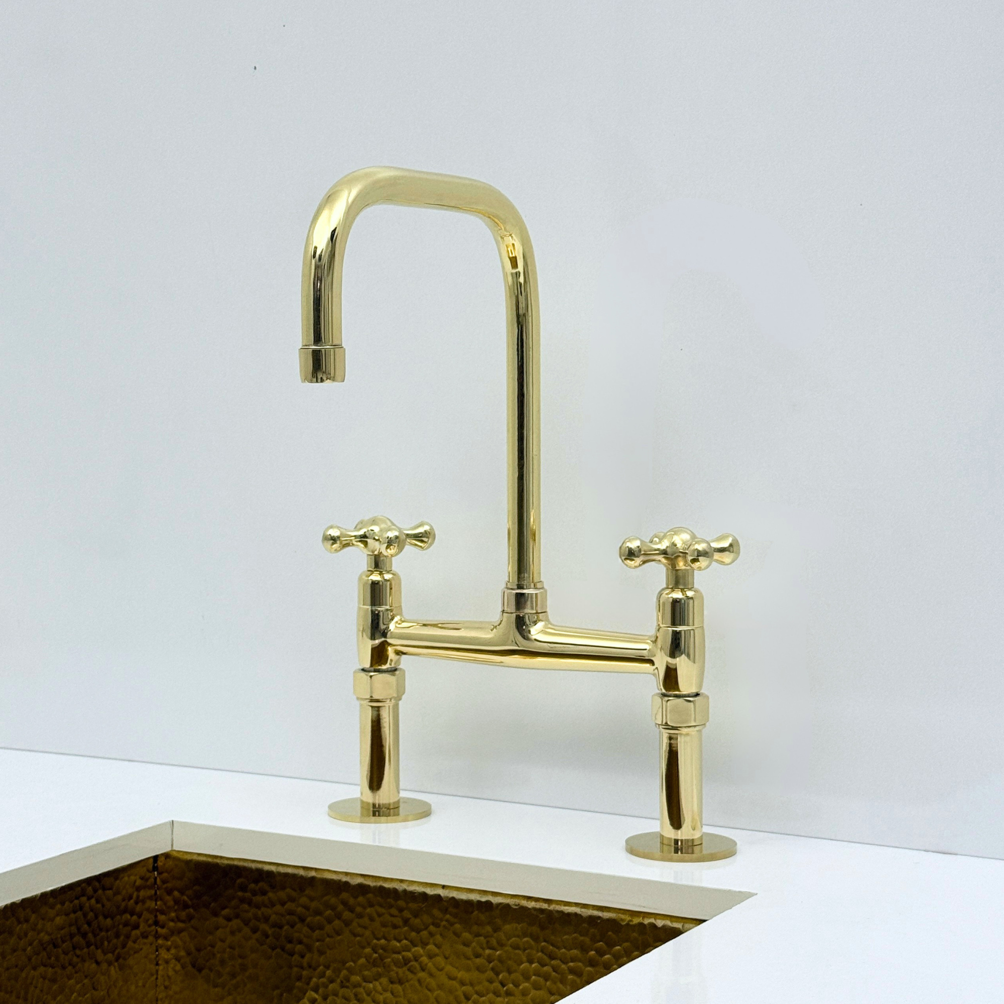 Unlacquered Brass Bridge Kitchen Faucet with Sprayer and Drinking Water Tap