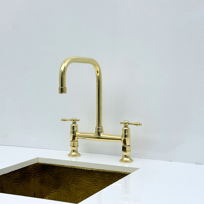 Unlacquered Brass Bridge Kitchen Faucet with Sprayer and Drinking Water Tap - UBLBF016