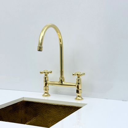 Unlacquered Brass Bridge Kitchen Faucet with Sprayer and Drinking Water Tap - UBCBF015