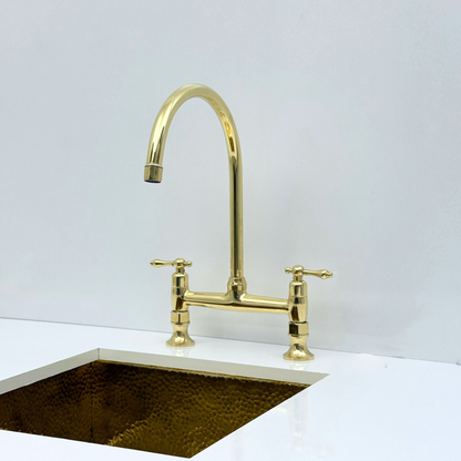 Unlacquered Brass Bridge Kitchen Faucet with Sprayer and Drinking Water Tap - UBLBF015
