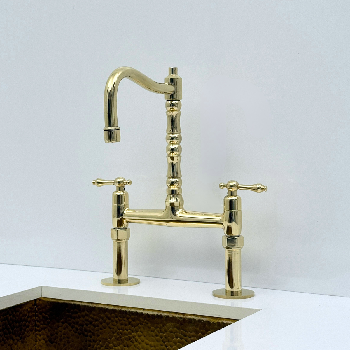Unlacquered Brass Bridge Kitchen Faucet with Sprayer and Drinking Water Tap