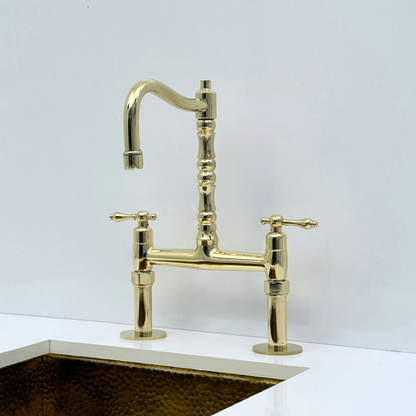 Unlacquered Brass Bridge Kitchen Faucet with Sprayer and Drinking Water Tap