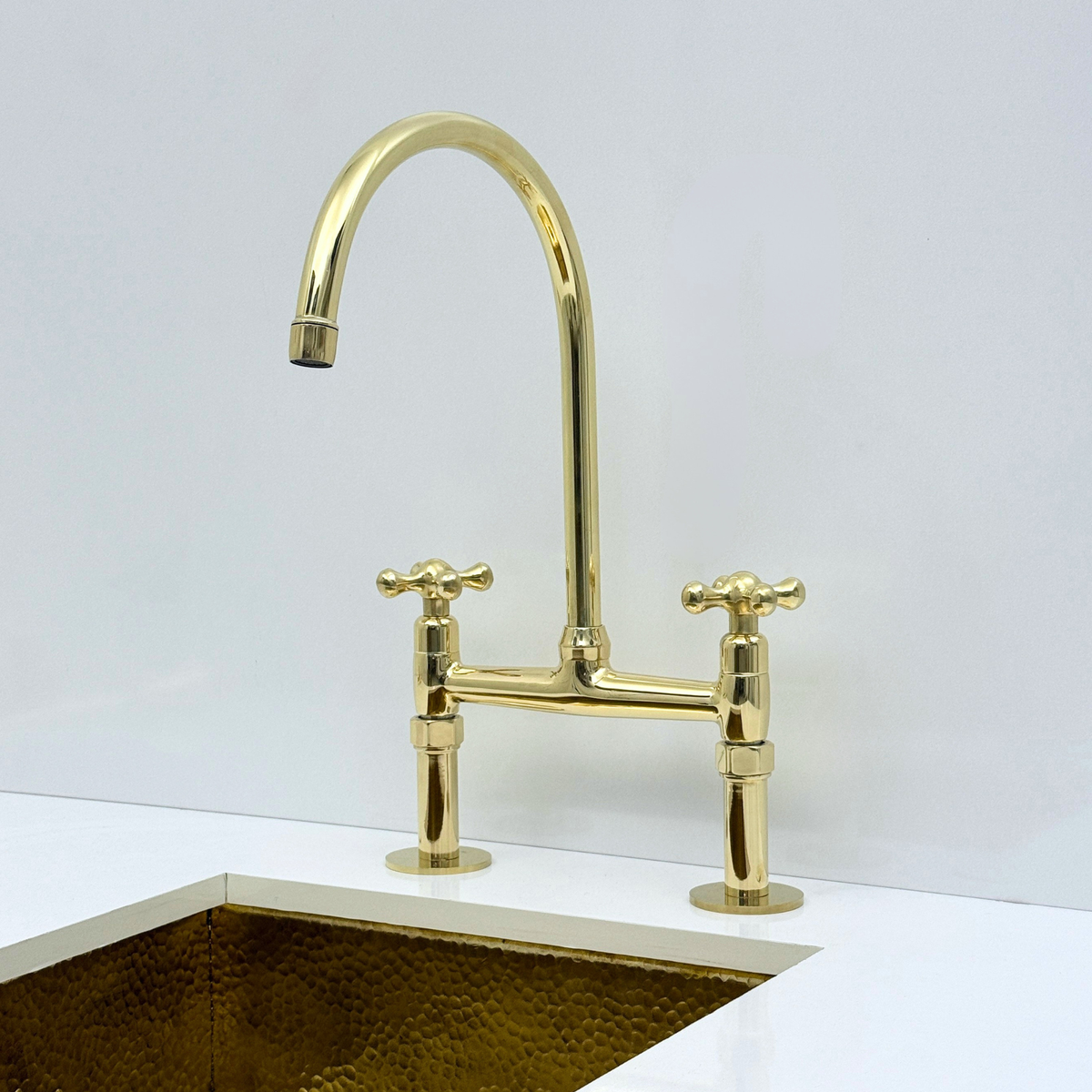 Atlas - Unlacquered Brass Bridge Kitchen Faucet with Side Sprayer and Drinking Water Tap