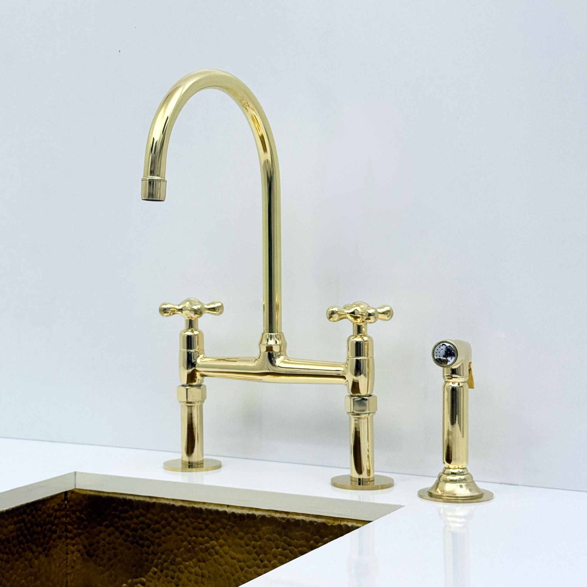 Unlacquered Brass Bridge Kitchen Faucet with Sprayer and Drinking Water Tap