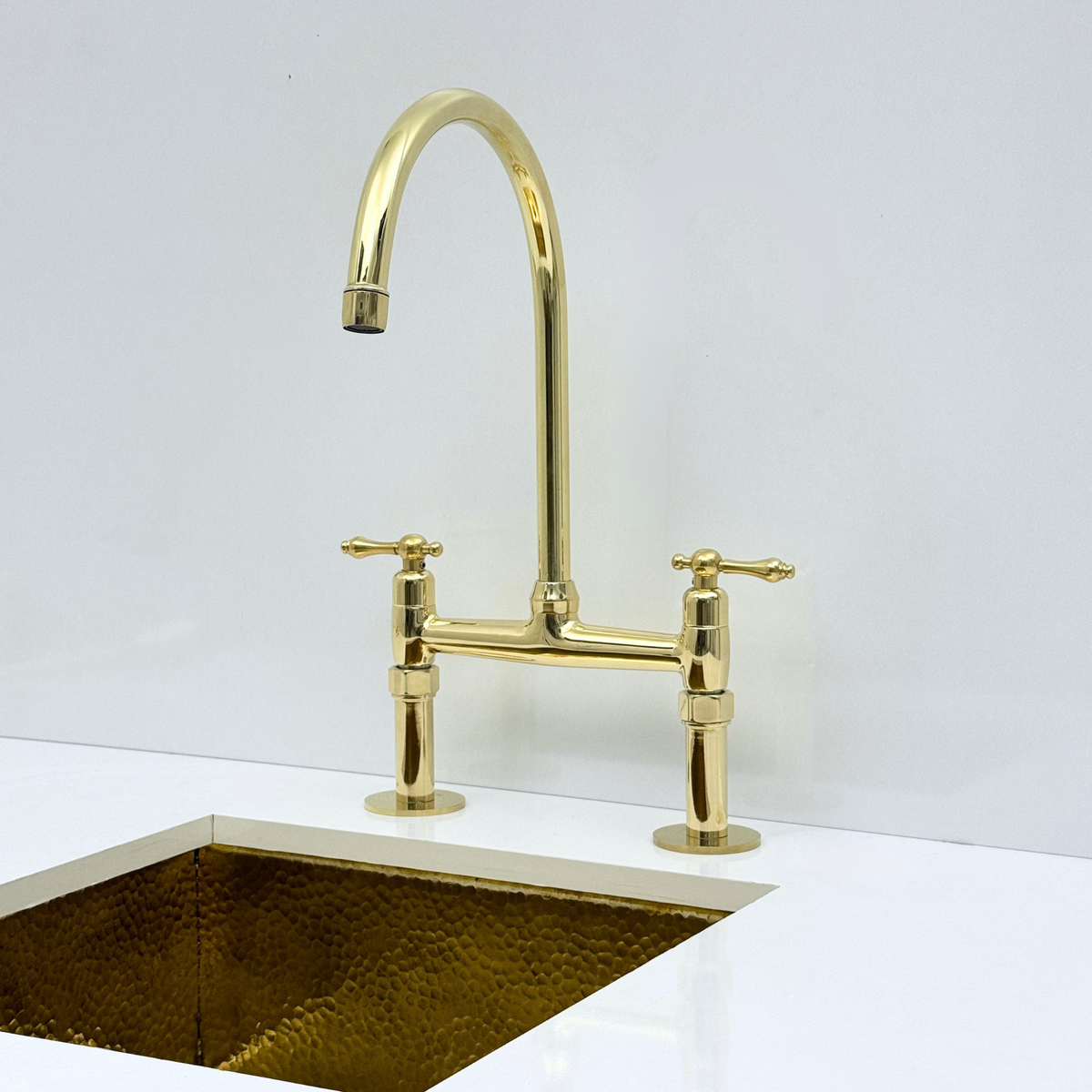 Unlacquered Brass Bridge Kitchen Faucet with Sprayer and Drinking Water Faucet