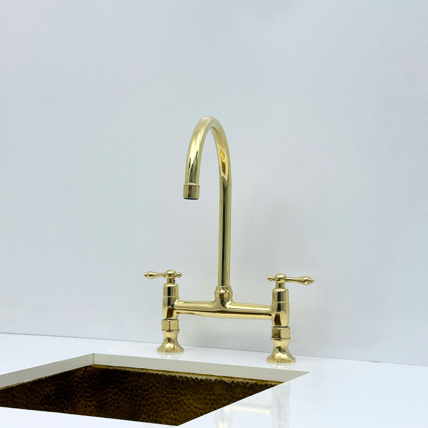 Unlacquered Brass Bridge Kitchen Faucet with Sprayer and Drinking Water Tap - UBLBF014