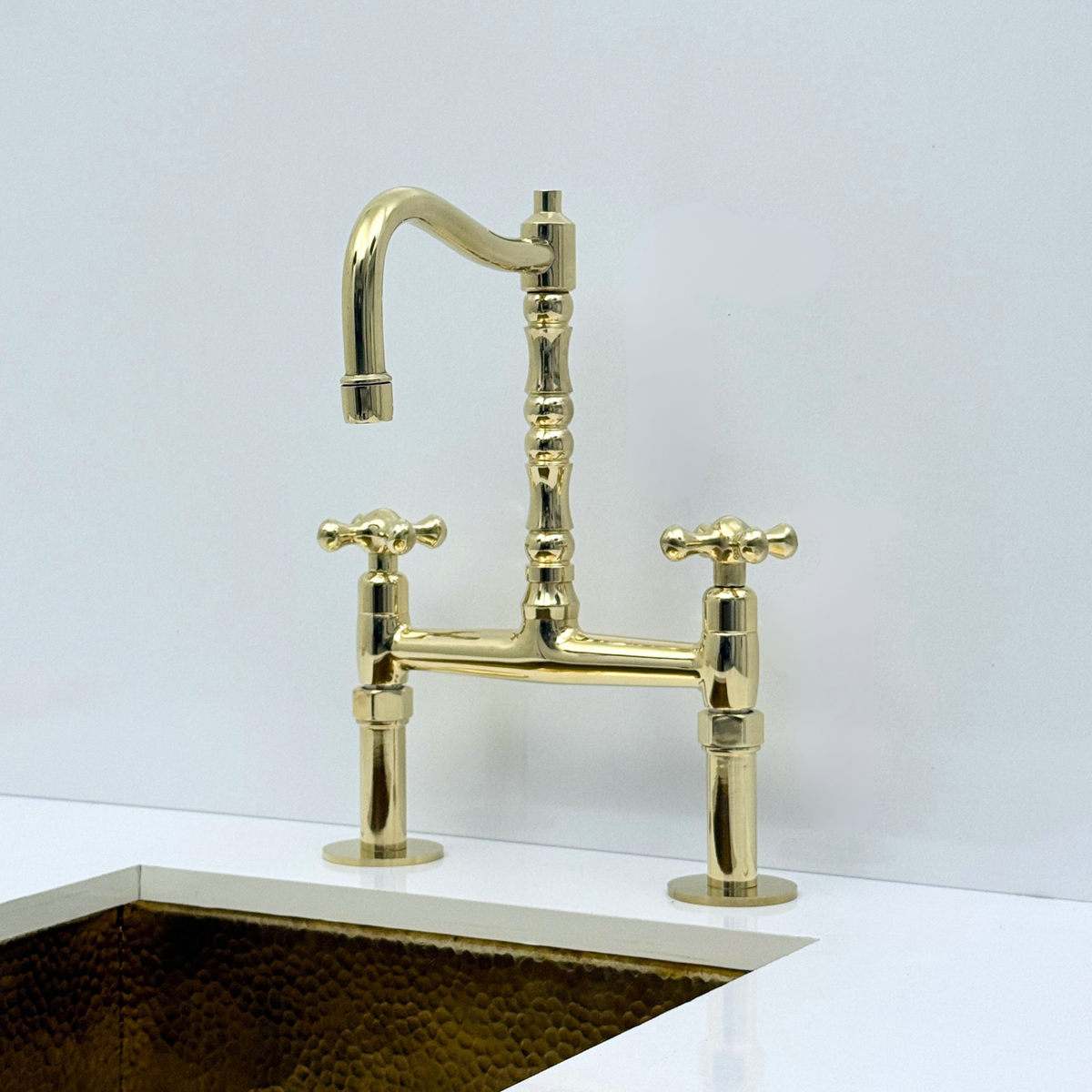 Unlacquered Brass Bridge Kitchen Faucet with Sprayer and Drinking Water Tap