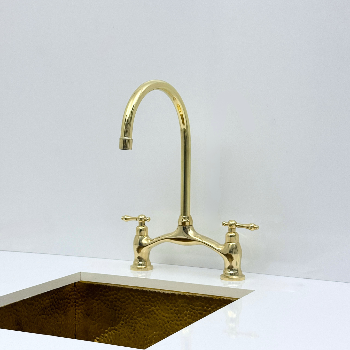 Unlacquered Brass Bridge Kitchen Faucet with Sprayer and Drinking Water Tap - UBLBF020