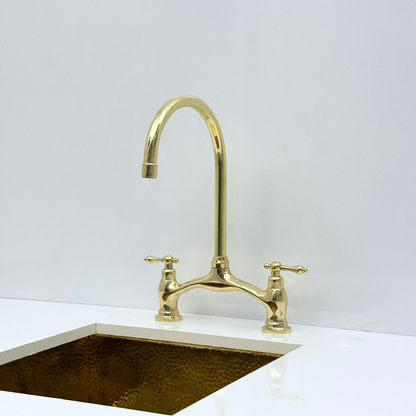 Unlacquered Brass Bridge Kitchen Faucet with Sprayer and Drinking Water Tap - UBLBF020