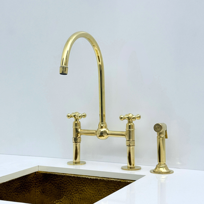 Unlacquered Brass Bridge Kitchen Faucet with Sprayer and Drinking Water Tap - UBCBF008