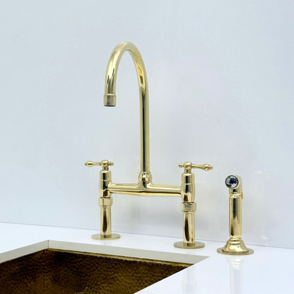 Unlacquered Brass Bridge Kitchen Faucet with Sprayer and Drinking Water Faucet