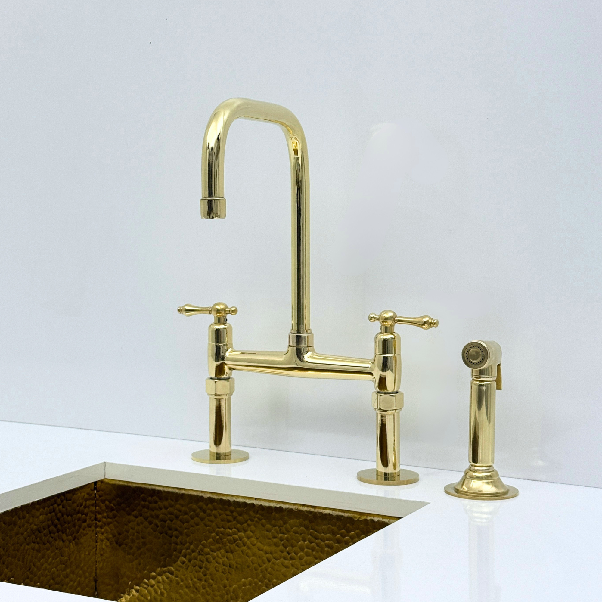 Unlacquered Brass Bridge Kitchen Faucet with Sprayer, Drinking Water Faucet