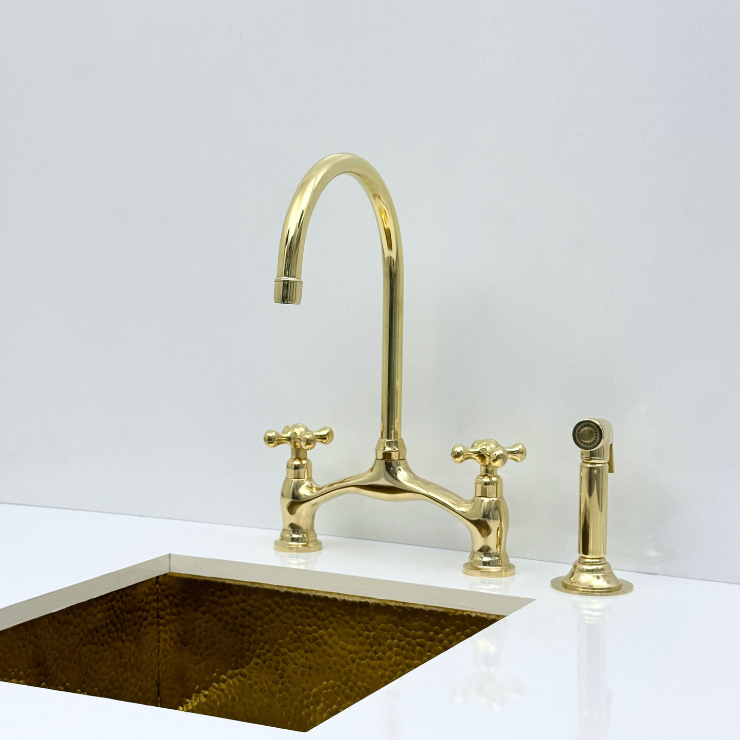 Unlacquered Brass Bridge Kitchen Faucet with Sprayer and Drinking Water Tap - UBCBF020