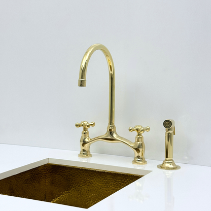 Unlacquered Brass Bridge Kitchen Faucet with Sprayer and Drinking Water Tap - UBCBF020