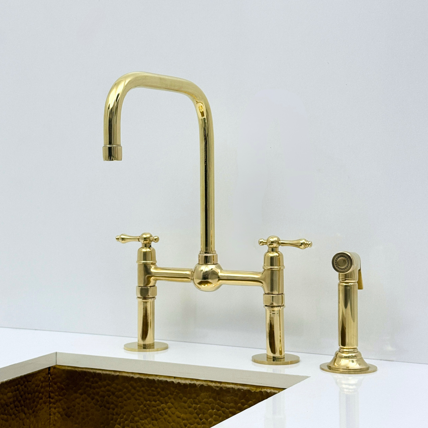 Unlacquered Brass Bridge Kitchen Faucet with Sprayer and Drinking Water Tap - UBLBF018