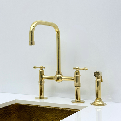 Unlacquered Brass Bridge Kitchen Faucet with Sprayer and Drinking Water Tap - UBLBF018