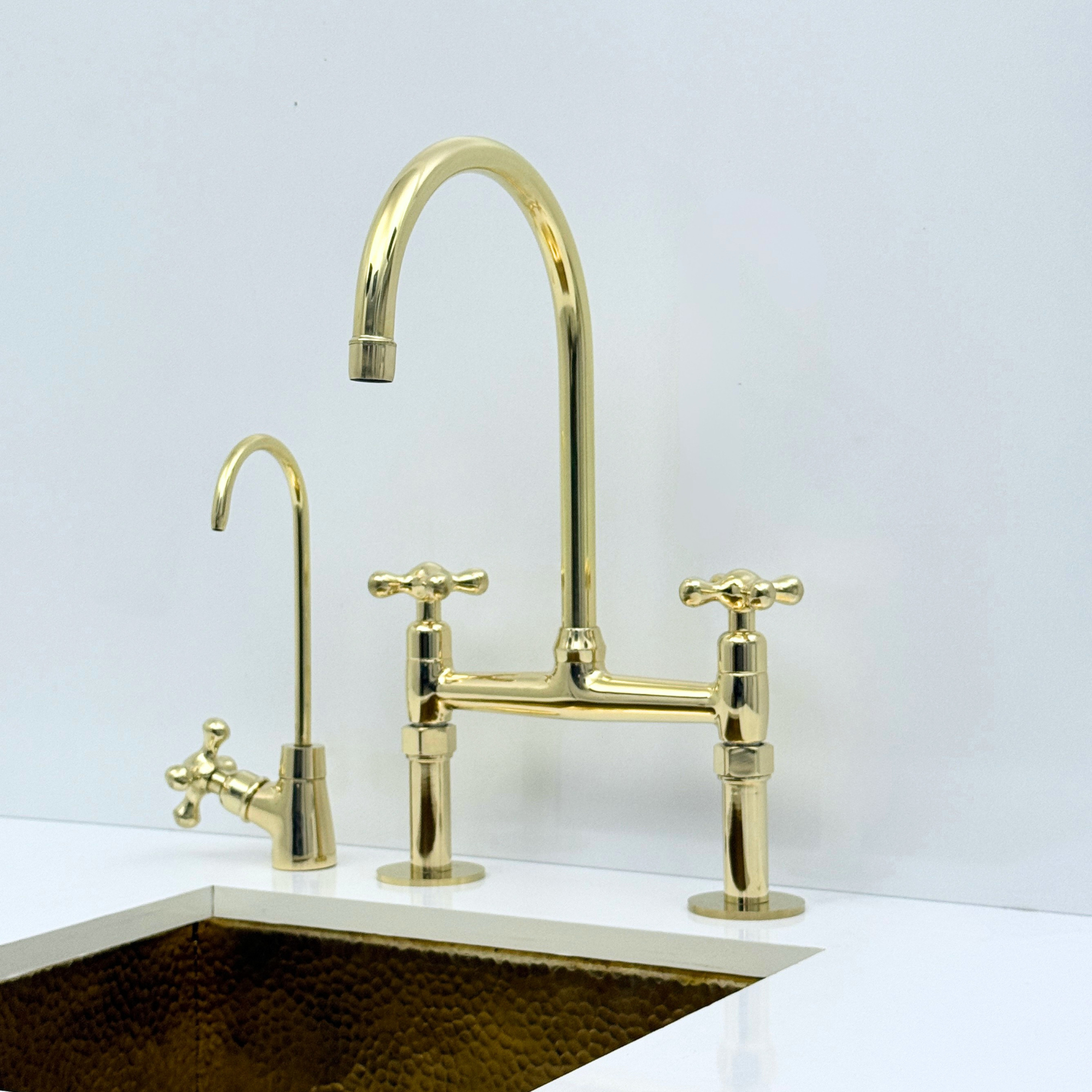 Unlacquered Brass Bridge Kitchen Faucet with Sprayer and Drinking Water Tap