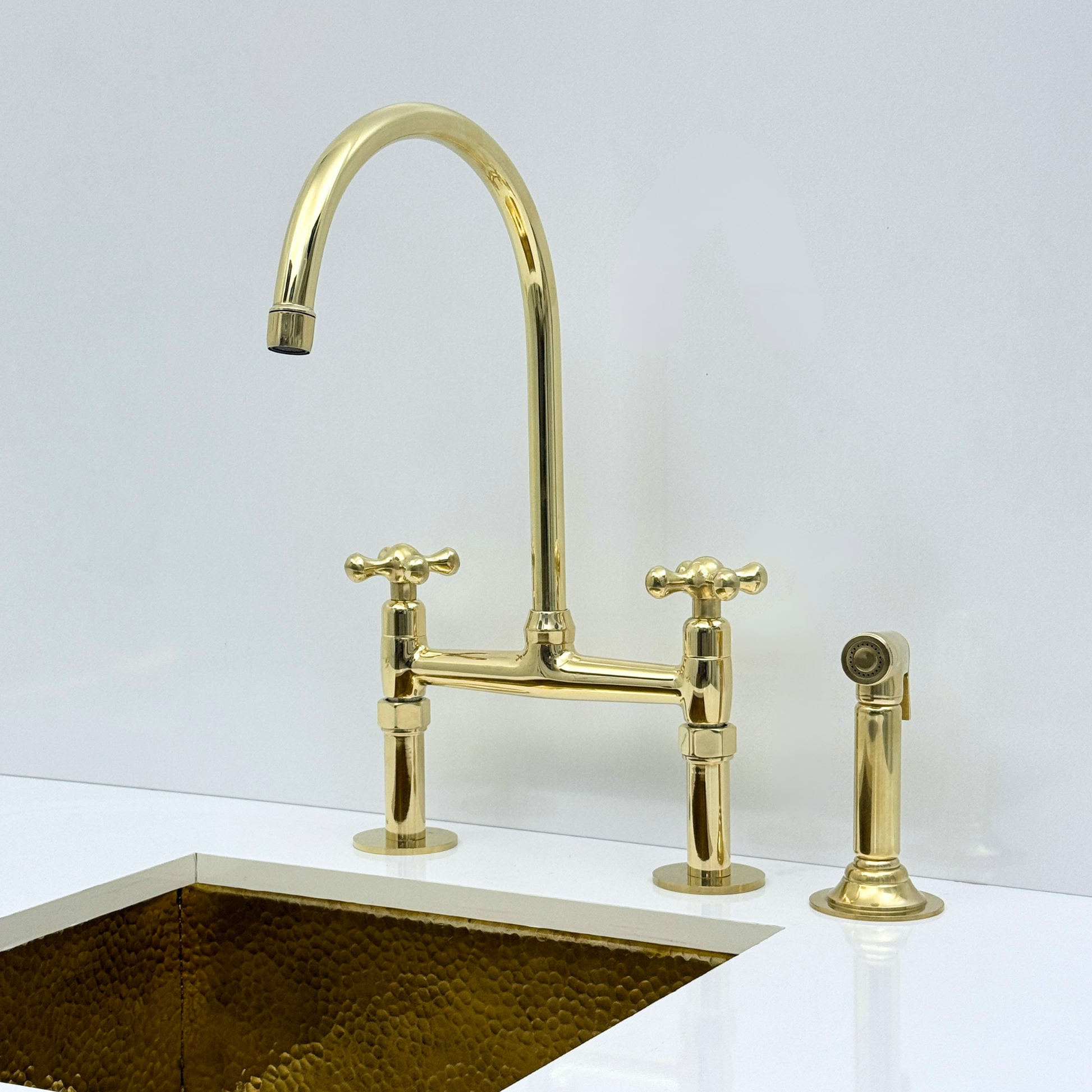 Atlas - Unlacquered Brass Bridge Kitchen Faucet with Side Sprayer and Drinking Water Tap