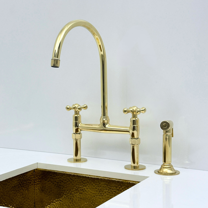 Atlas - Unlacquered Brass Bridge Kitchen Faucet with Side Sprayer and Drinking Water Tap