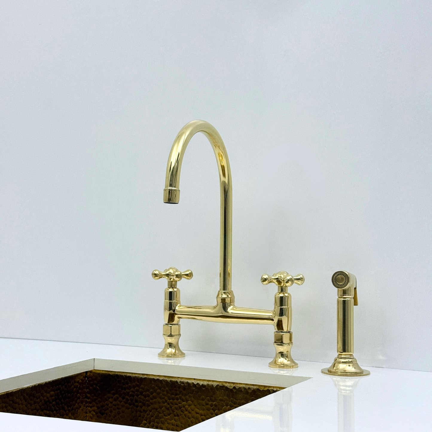 Unlacquered Brass Bridge Kitchen Faucet with Sprayer and Drinking Water Tap - UBCBF014