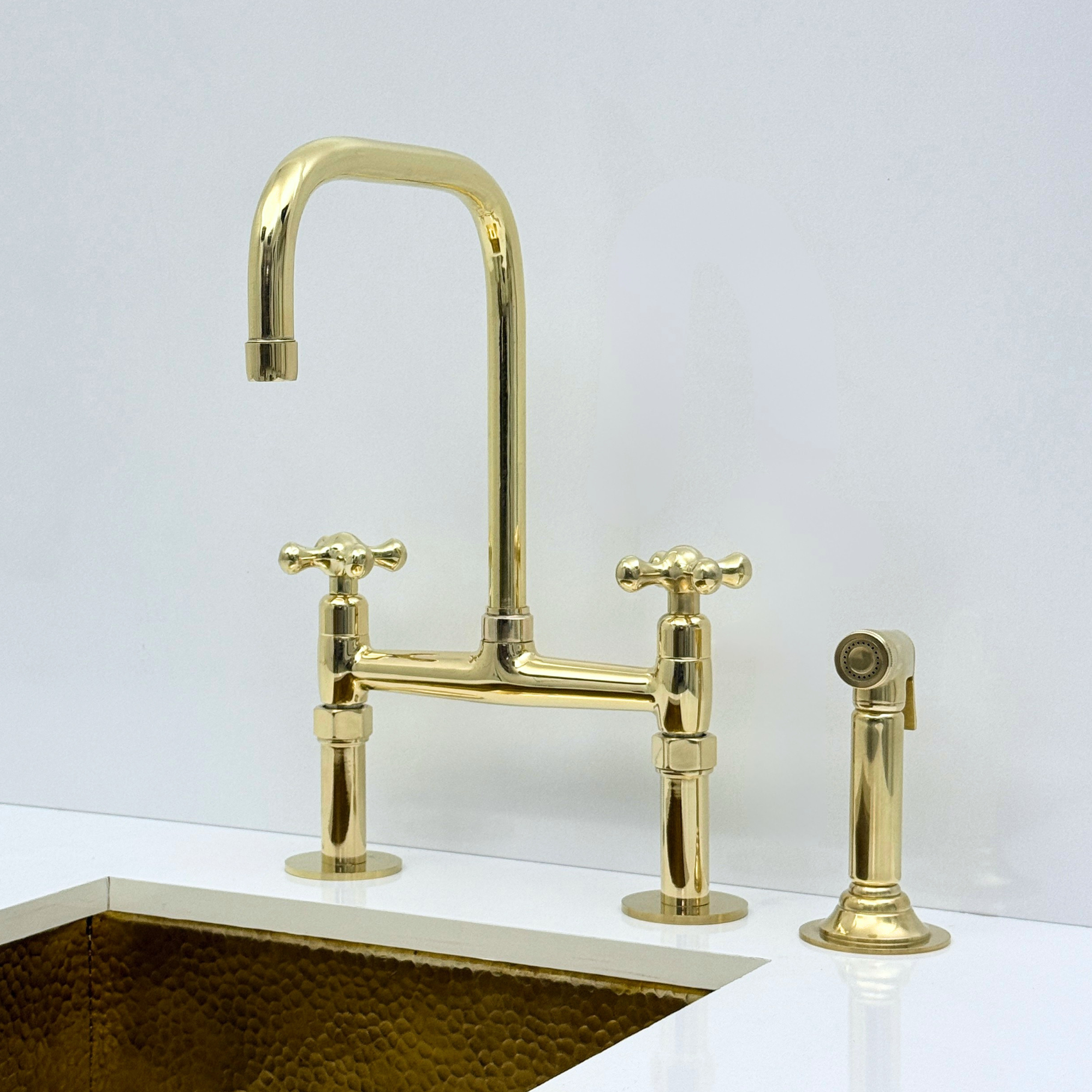 Unlacquered Brass Bridge Kitchen Faucet with Sprayer and Drinking Water Tap