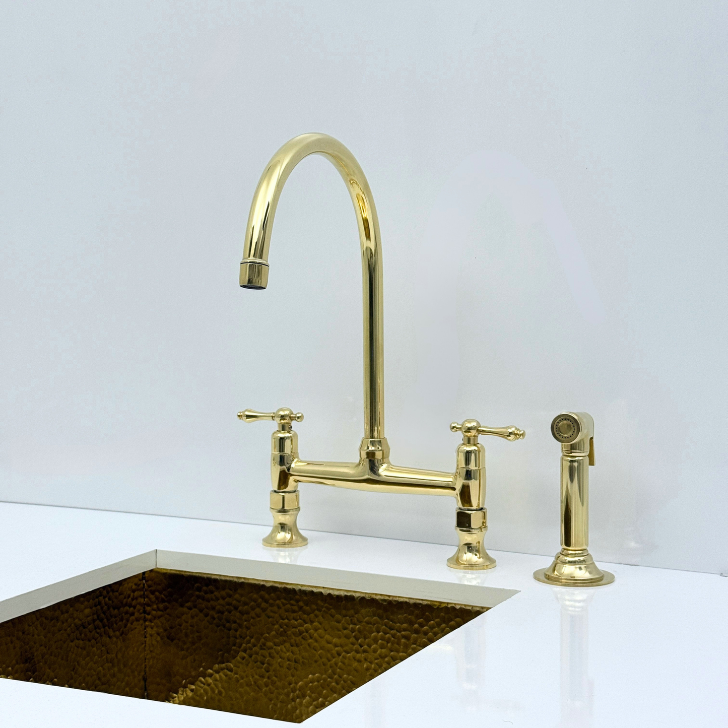 Unlacquered Brass Bridge Kitchen Faucet with Sprayer and Drinking Water Tap - UBLBF015