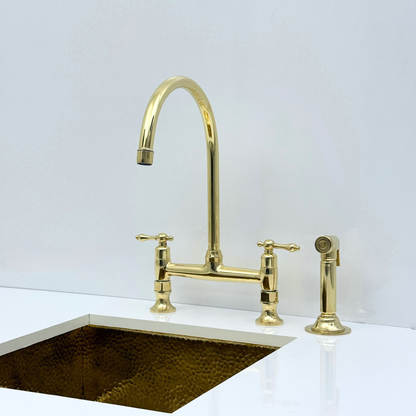 Unlacquered Brass Bridge Kitchen Faucet with Sprayer and Drinking Water Tap - UBLBF015