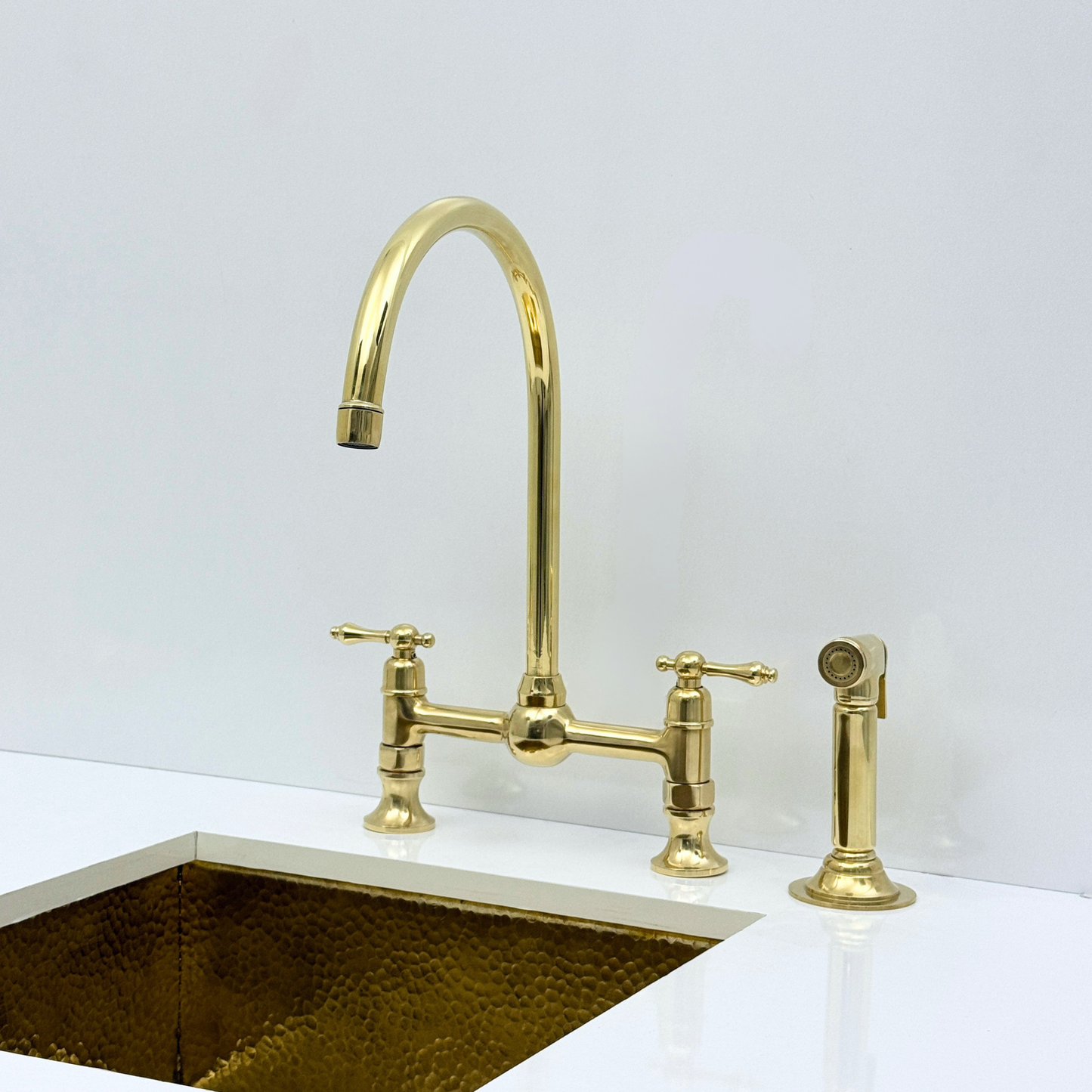 Unlacquered Brass Bridge Kitchen Faucet with Sprayer and Drinking Water Tap - UBLBF011