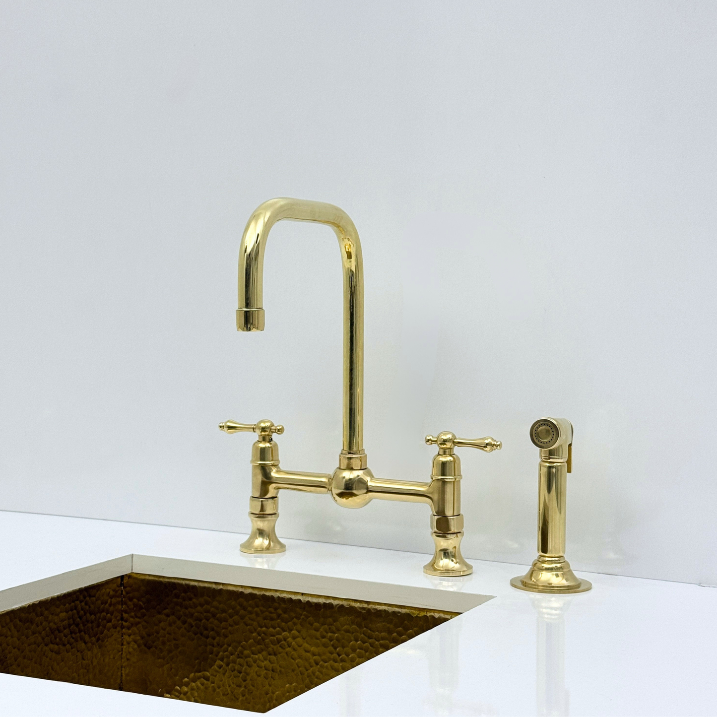 Unlacquered Brass Bridge Kitchen Faucet with Sprayer and Drinking Water Tap - UBLBF017