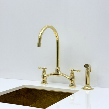 Unlacquered Brass Bridge Kitchen Faucet with Sprayer and Drinking Water Tap - UBLBF020