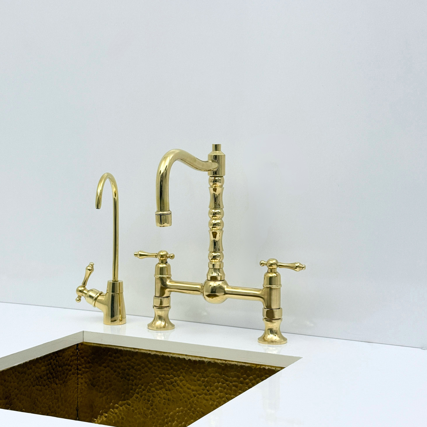 Unlacquered Brass Bridge Kitchen Faucet with Sprayer and Drinking Water Tap - UBLBF012