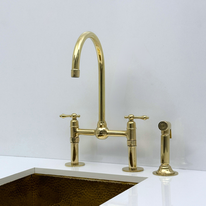 Unlacquered Brass Bridge Kitchen Faucet with Sprayer and Drinking Water Tap - UBLBF013